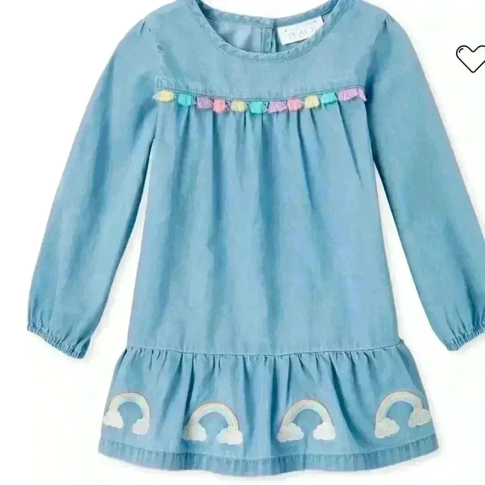 The Children's Place 5T Girls Embroidered 🌈 Chambray Dress - denim Med Wash